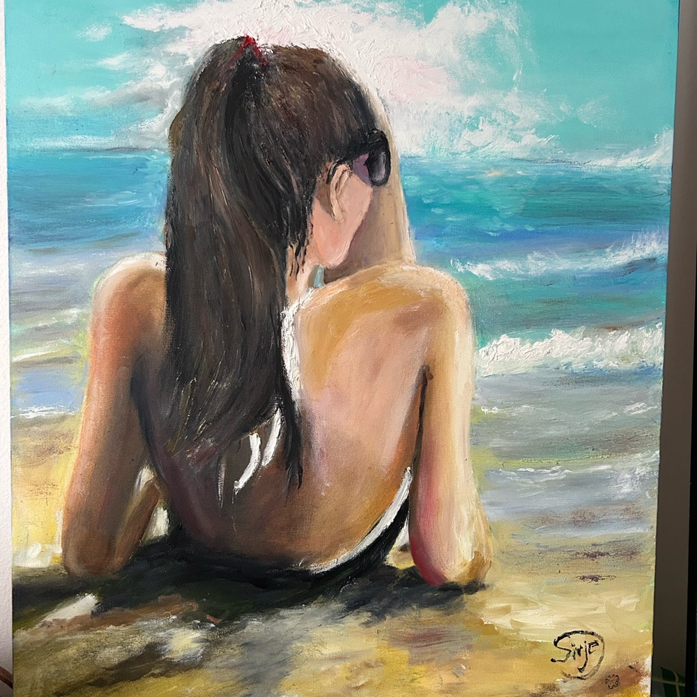 Serene Seaside Woman Painting